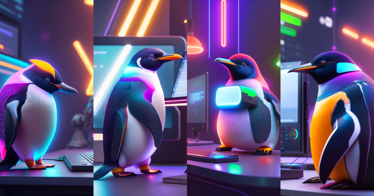 Lexica - A tech-savvy penguin wearing a VR headset, sitting at a high ...
