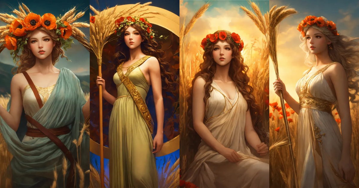 Lexica - Greek goddess Demeter with poppy crown, holding sheaf of wheat ...