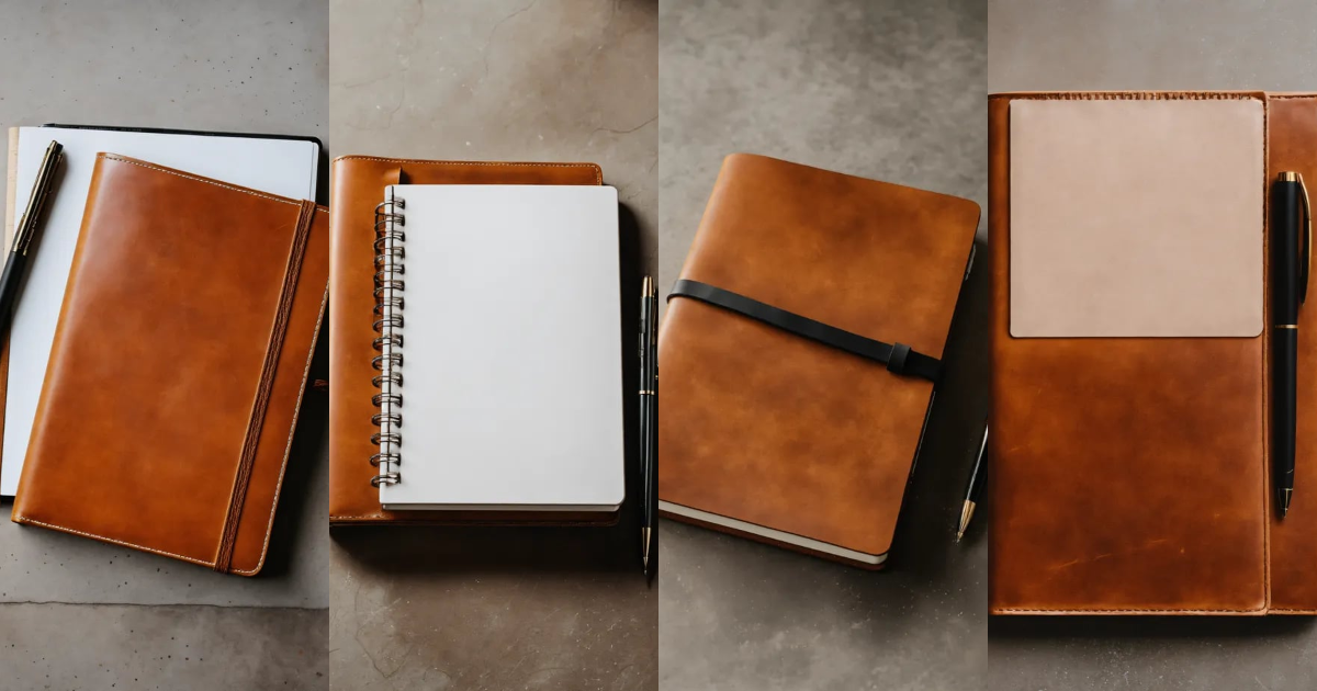 Lexica - Leather notebook with pen lying on a white table, top view ...