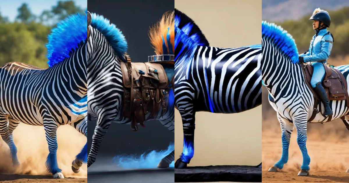 Lexica - Zebra with riding gear, with a mane and tail of blue flame