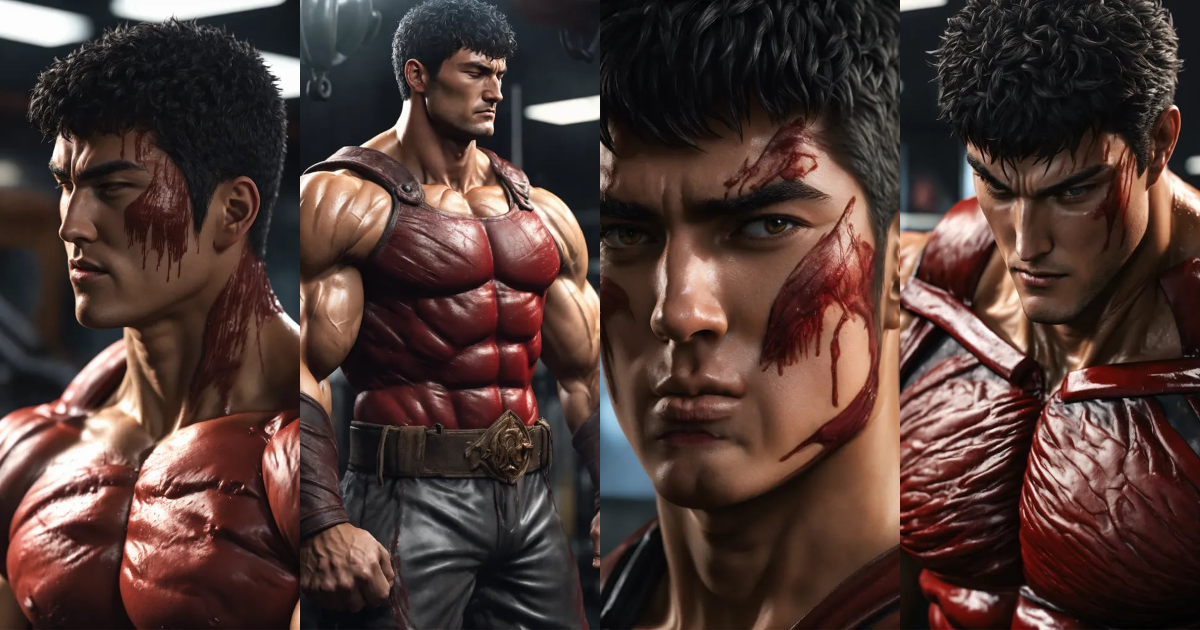 Lexica - Guts from berserk, muscular, right eye closed, in a fitness ...