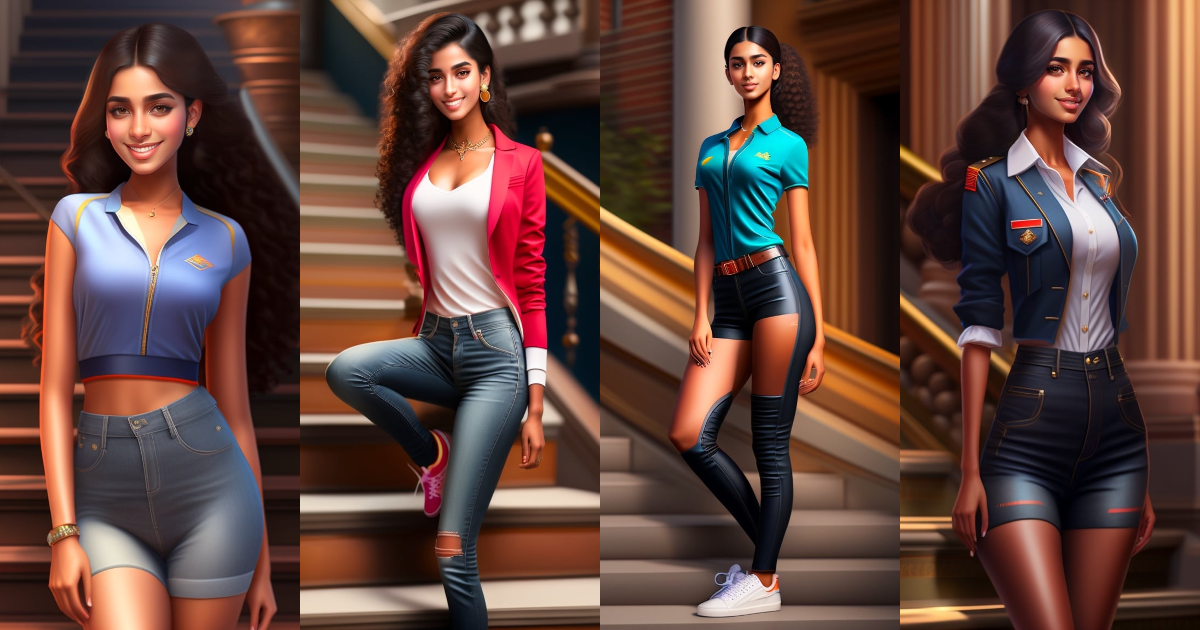 Lexica - Hyper realistic, college girl, cute face, tall, skinny, indian,  confident, standing on stairs with hands on her hips