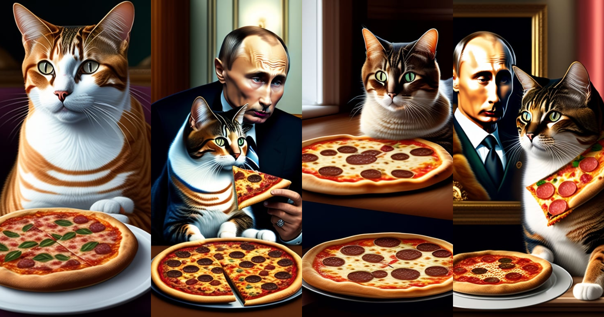 Lexica - A picture of a cat eating pizza next to vladimir putin in van ...