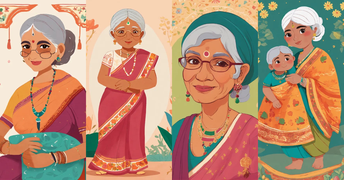 lexica-white-background-cute-simple-indian-grandma-in-a-sari-flat