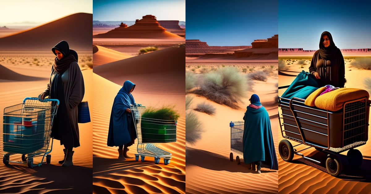 Lexica - Homeless woman with a shopping cart in the desert