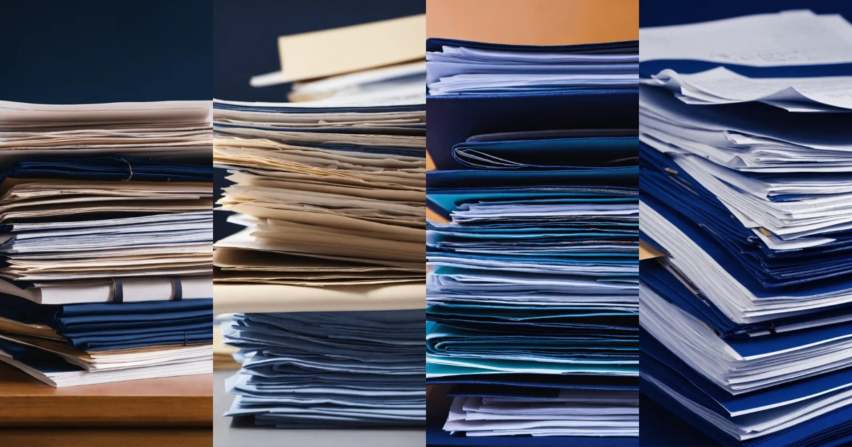 Lexica - Pile of paperwork like contracts with a navy blue colour theme