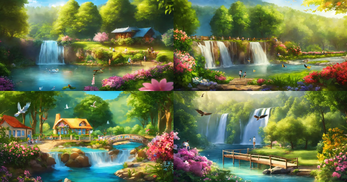 Lexica - Nice small garden along a river, waterfall nearby, surrounded ...