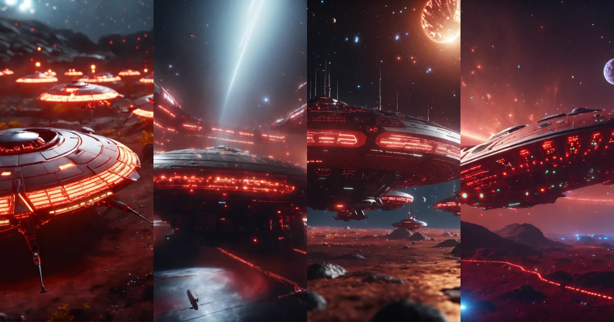 Lexica - Zoom out on fleet of long insect like organic alien space ...