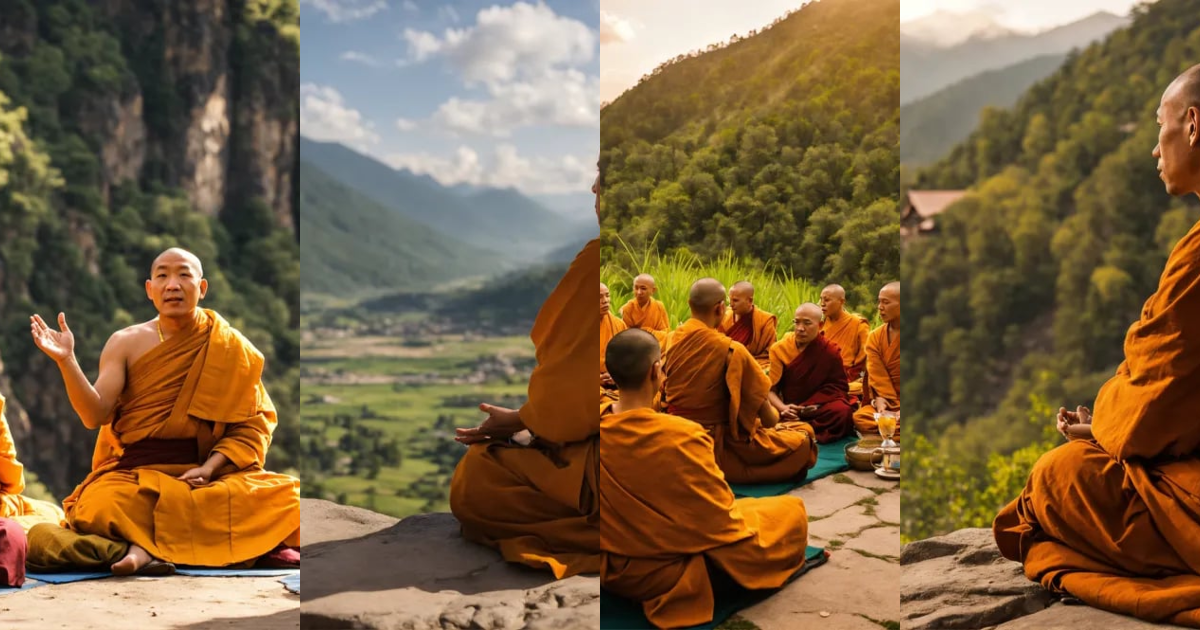 Lexica - Wise monk sitting with his both hands raised and other monks ...