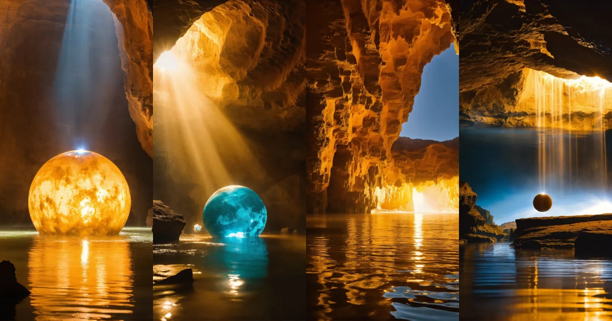 Lexica - A ball of pure light floating in a flooded big cave
