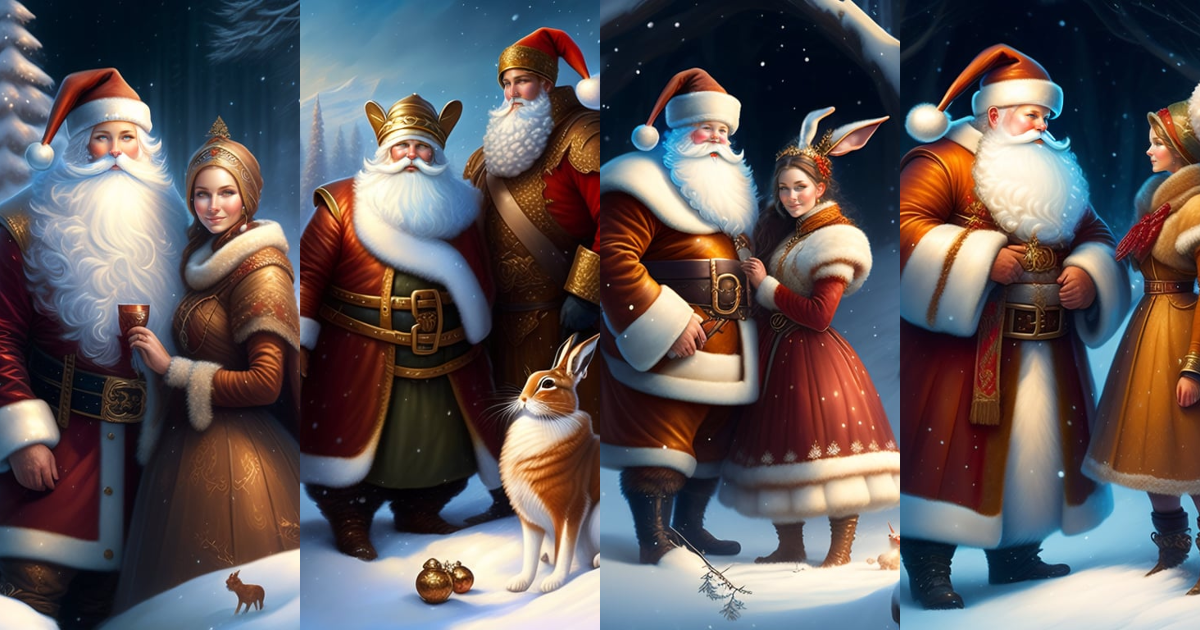 Lexica - New year's card, santa claus and snow maiden, hare, by justin ...