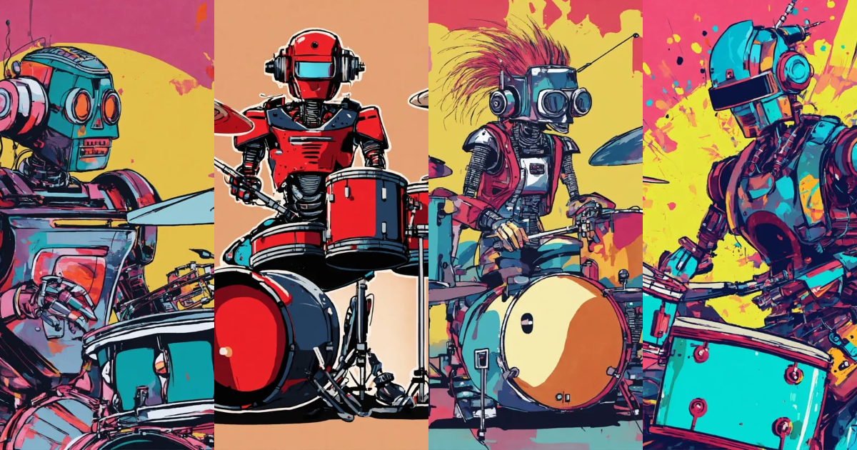 Lexica - Punk rocker as a robot playing the drums, abstract illustration