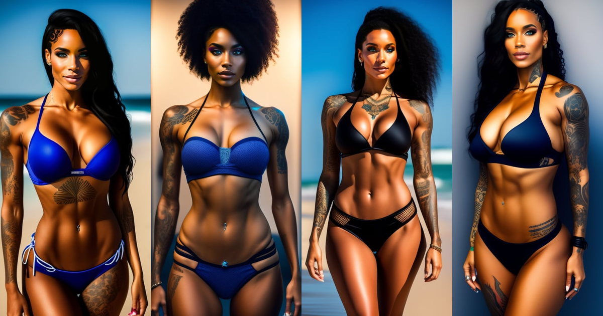 Lexica - Full body picture of skinny tattooed caucasian female with light  skin and fit body and black hair with minimal blue streaks in string bikini