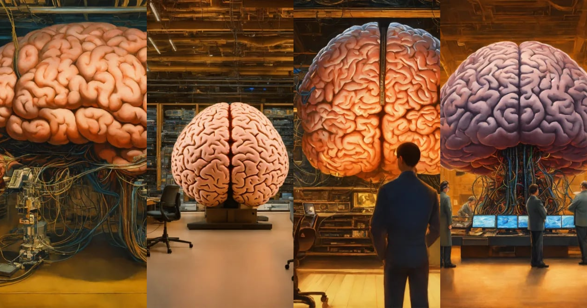 Lexica - In the center of the room, a colossal human brain is ...