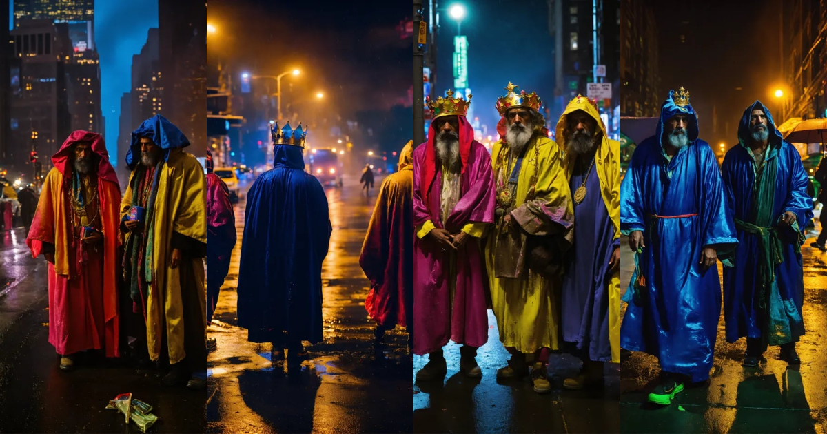 Lexica - Three homeless wearing like reyes magos ,dirty robes, king ...