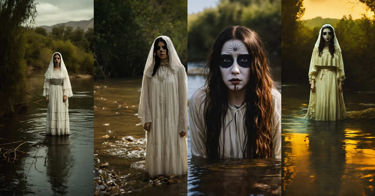 Lexica - La llorona her head in river black eyes pale face.