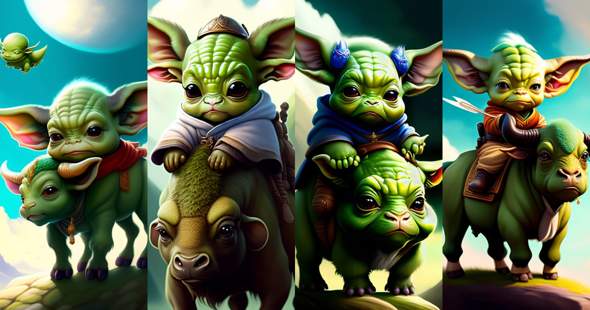 Lexica - Baby yoda looking confused riding on appa the flying bison ...