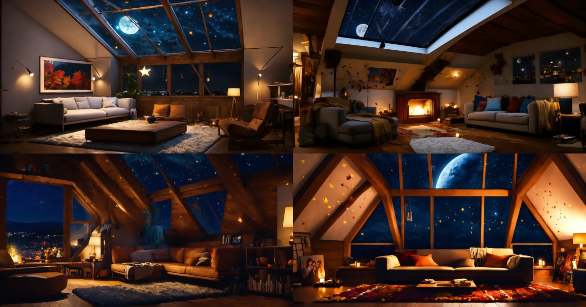 Lexica - Night time attic, fall leaves, night window, fluffy rug ...