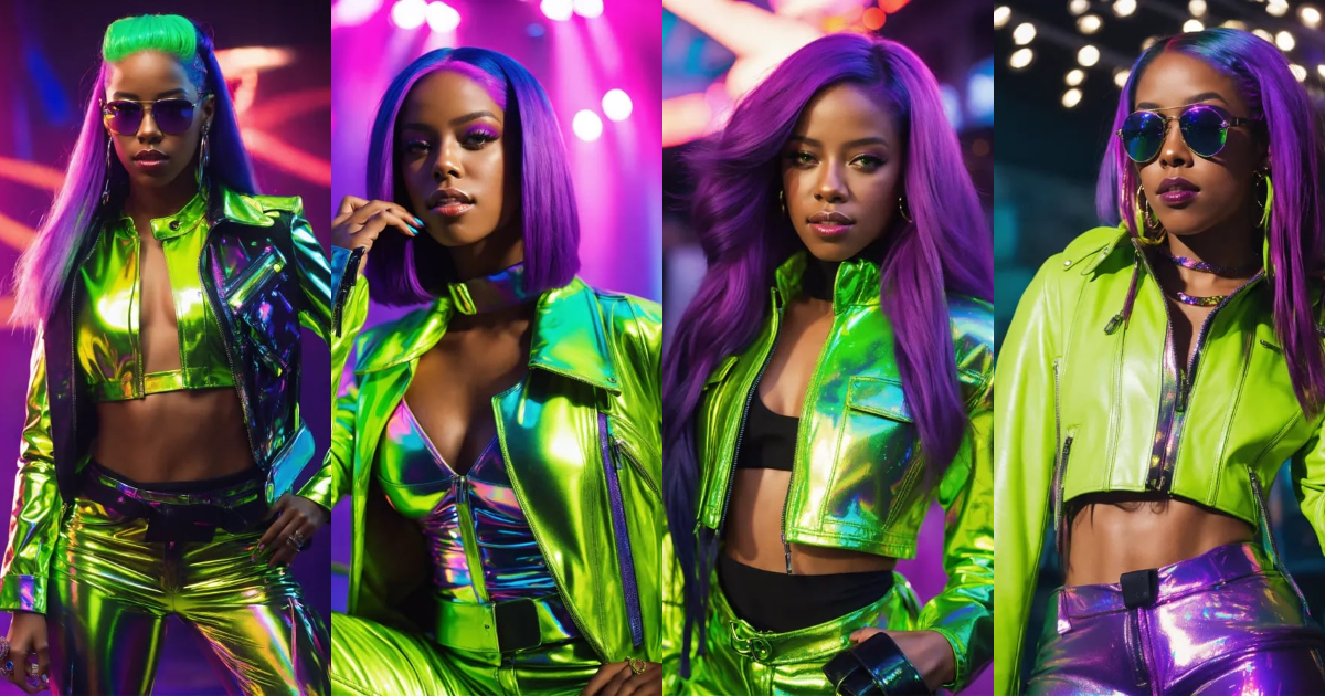 Lexica - Aaliyah glamorous holographic style lime green and purple leather full outfit with