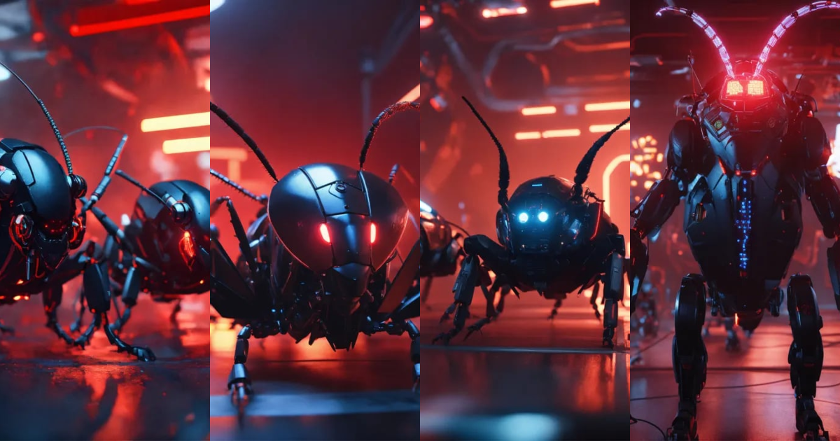 Lexica - Zoom out shot of group of 3 black cockroach faced robotic ...