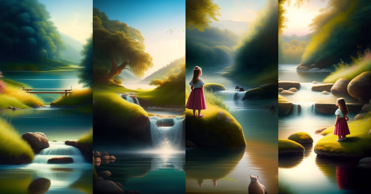 Lexica - A young girl facing us with her feet in the water of a stream ...