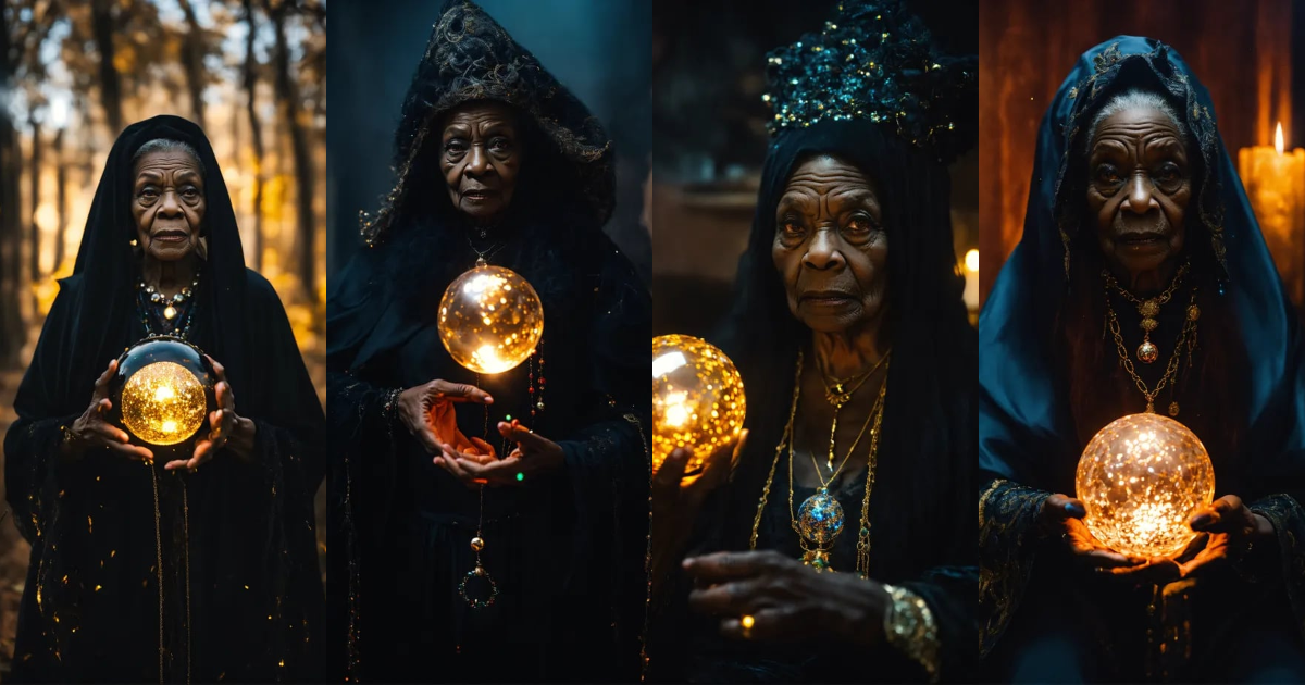 Lexica - Portrait a terrifying old black witch holding a glittering orb ...