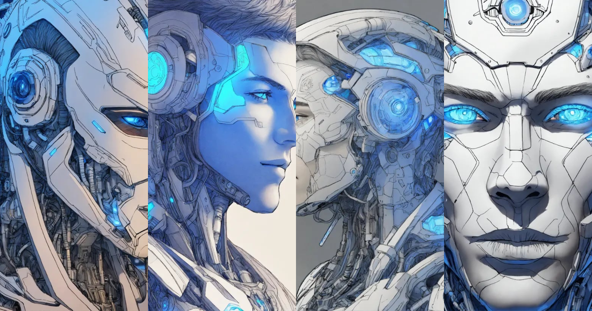Lexica - Front profile, line drawing, enchanted male cyborg, close up ...