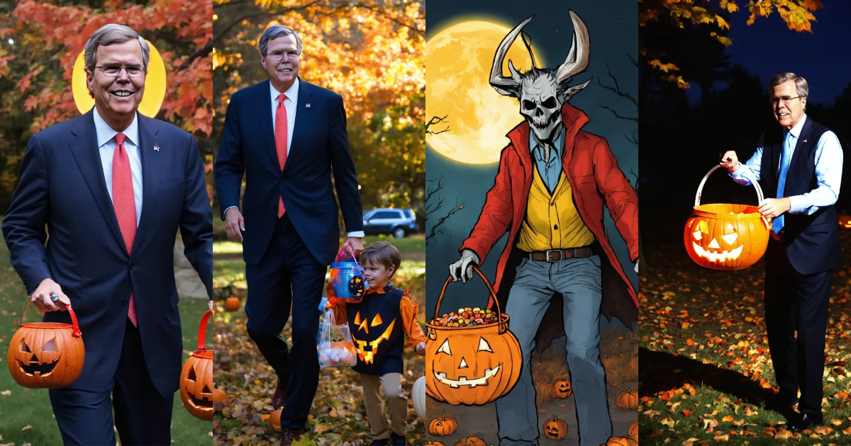 Lexica Spooky wendigo jeb bush trick or treating with a jackolantern