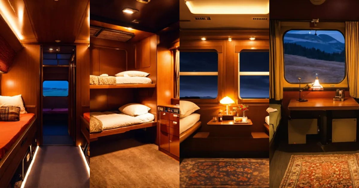 Lexica - Cozy train sleep compartment at night with 4 beds