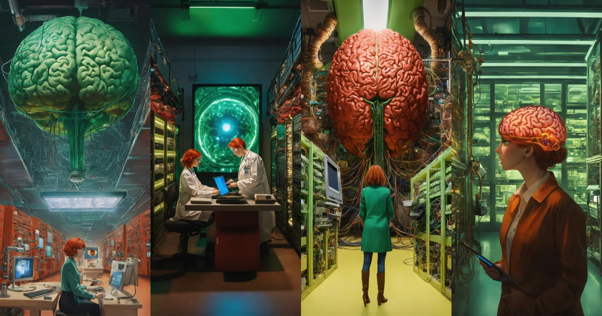 Lexica - In the center of the room, a colossal human brain is ...