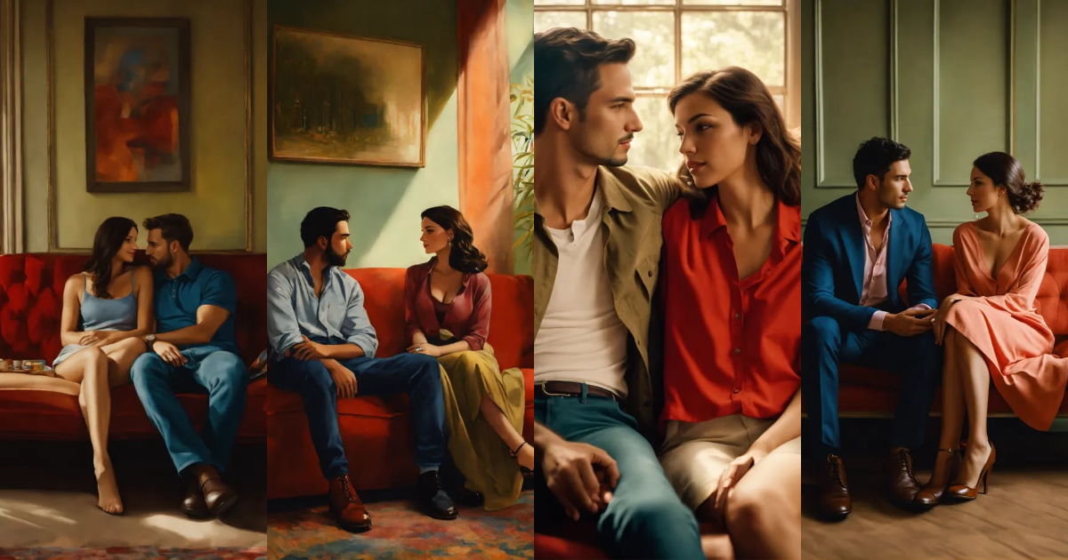 Lexica - Man and woman sit on couch looking at each other, photorealism ...