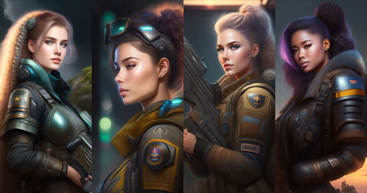 Lexica - Woman with bionic arms, army, weapons, cyberpunk