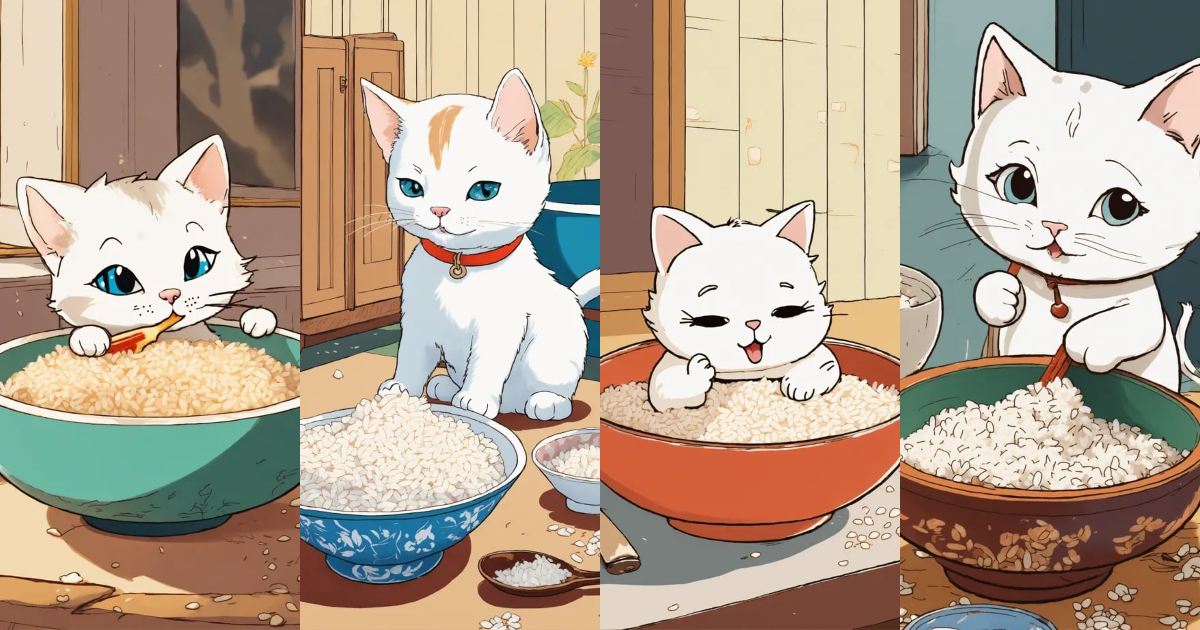 Lexica - A cute ADORABLE white LITTLE cat eating messy RICE BOWL ...