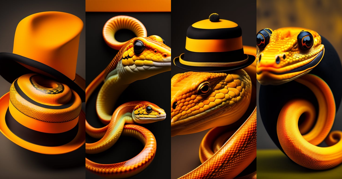 Lexica - An orange and yellow snake wearing a black bowler hat
