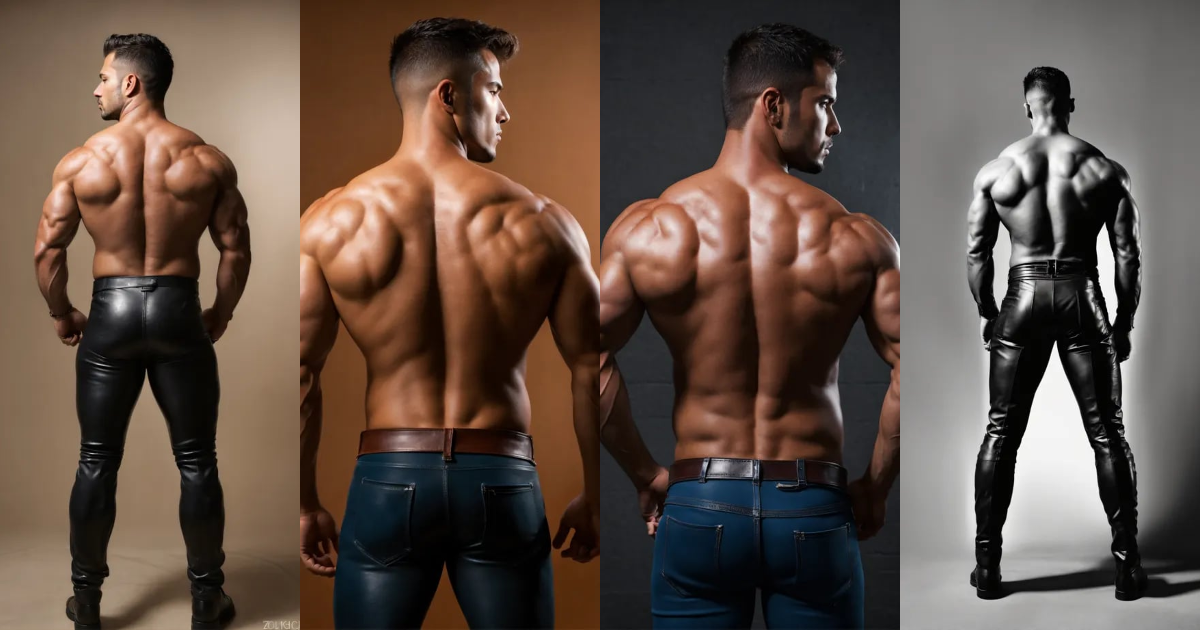 Lexica - Back view of a muscular man in tight leather. Simple background.