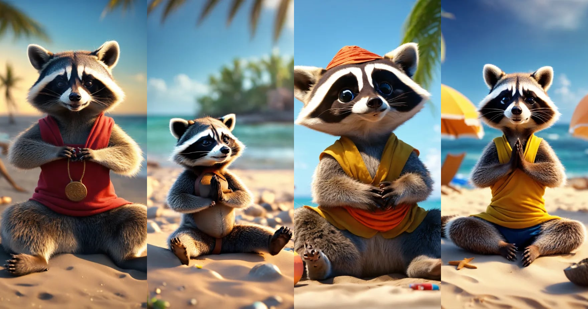 Lexica - Mischievous raccoon doing yoga at the beach, Maya render, 8k ...