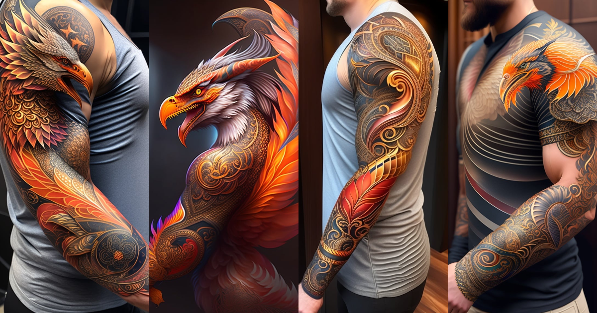 Lexica - Full arm sleeve tattoo phoenix fighting a dragon, intricate ...