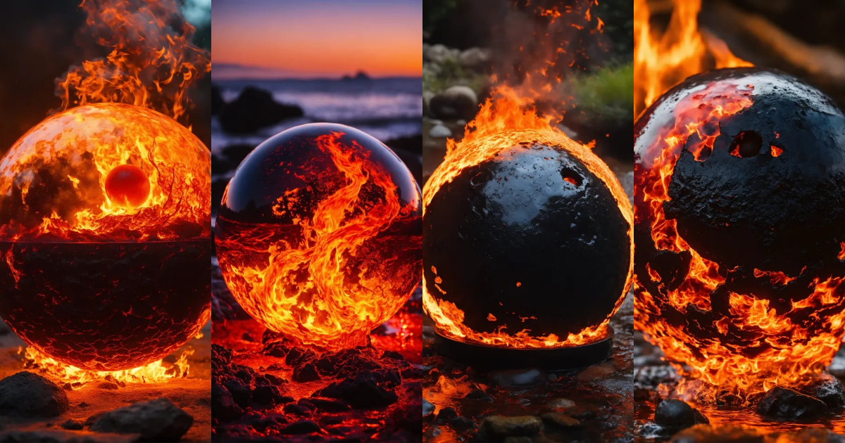 Lexica - Ball made in water,fire, lava, black, with a mith creature ...