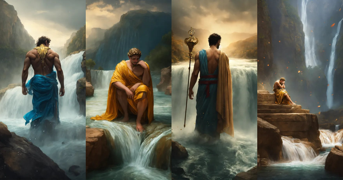 Lexica - Greek god crying, tears falling into a massive and scary river