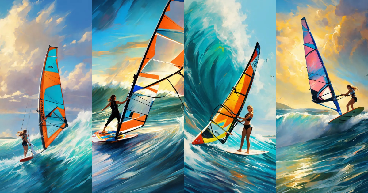 Lexica - {art by greg rutkowski}, Abstraction, Windsurfing, Woman ...