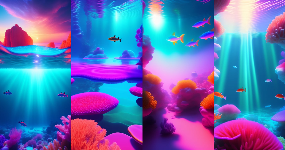 underwater neon coral reef landscape magical realism