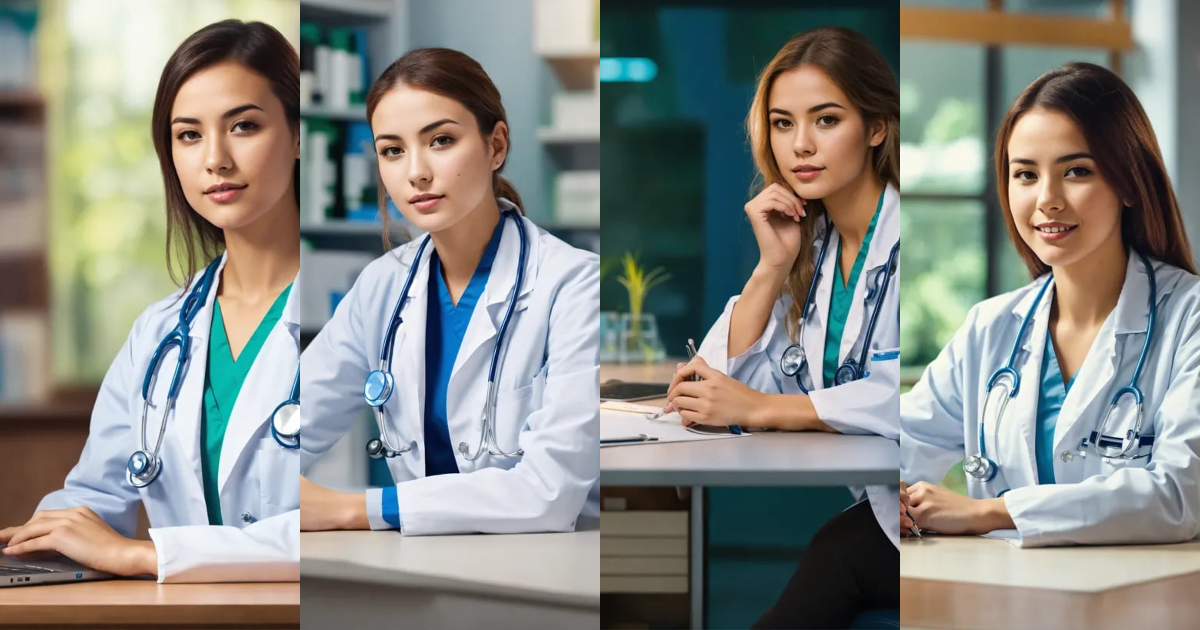 Lexica - Young woman doctor seating behind the table