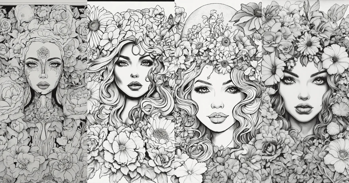 Lexica - Faces and flowers, by Ed Roth, black and white coloring book ...