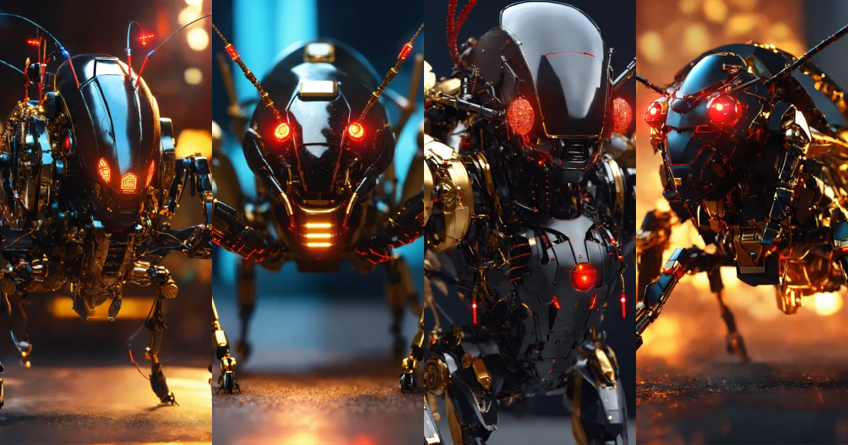 Lexica - Zoom out of standing black cockroach faced humanoid robot with ...