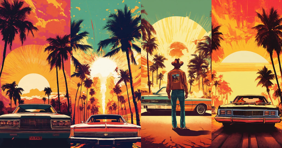 Lexica - 70s 80s movie poster, low rider, explosions, palm trees ...