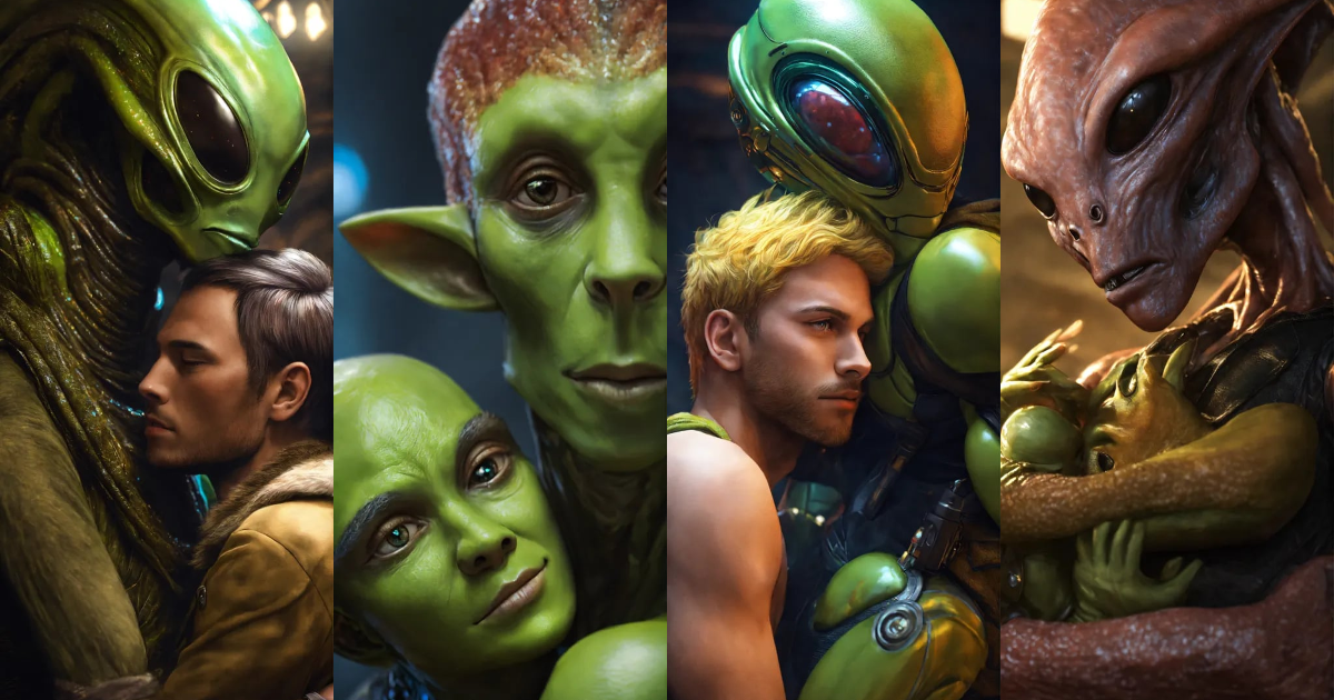 Lexica - Alien male, with a furry face, and a human male embracing ...