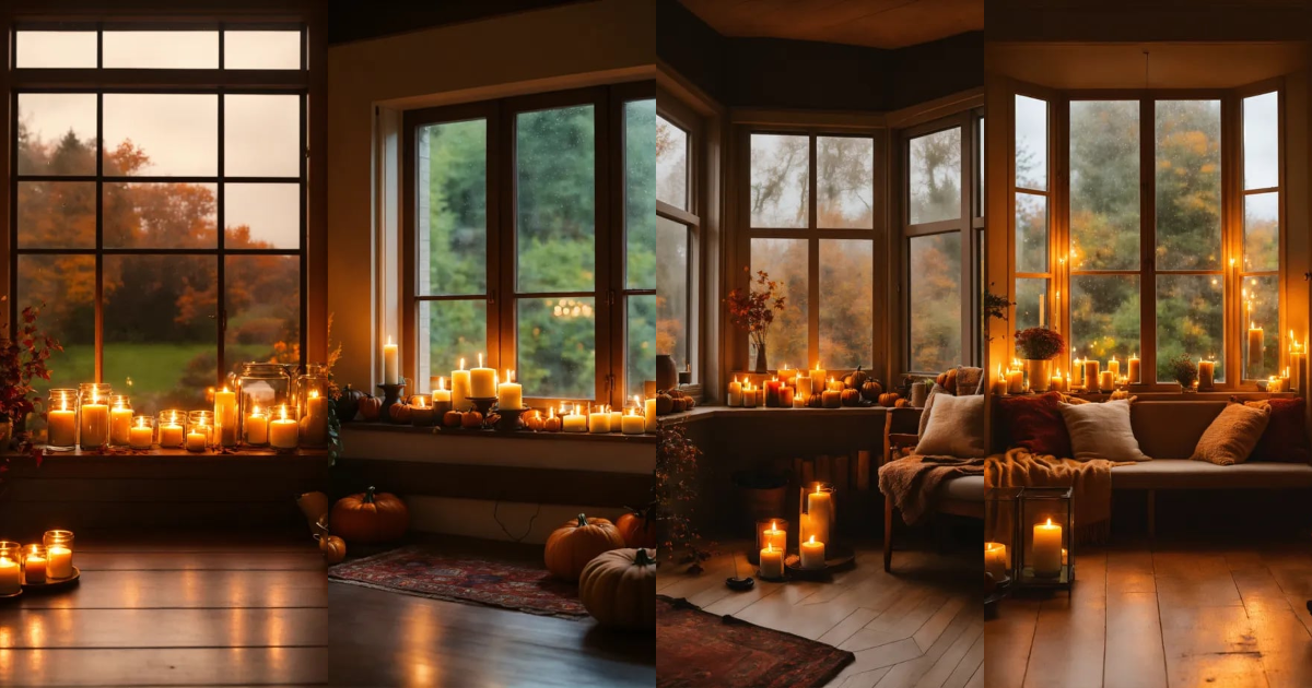 Lexica - Beautiful cozy fall room with candles, windows that open to a ...