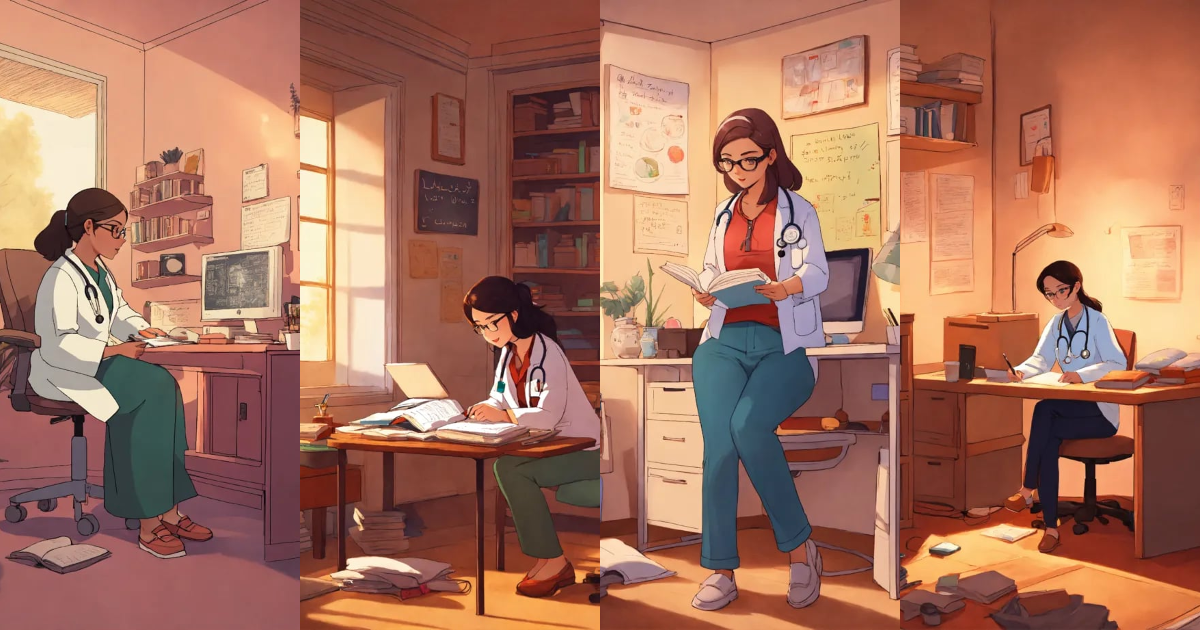 Lexica - Animation doctor studying in her campus room, text saying ...