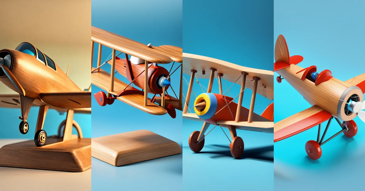 Lexica - A wooden toy airplane sitting on top of a blue background ...
