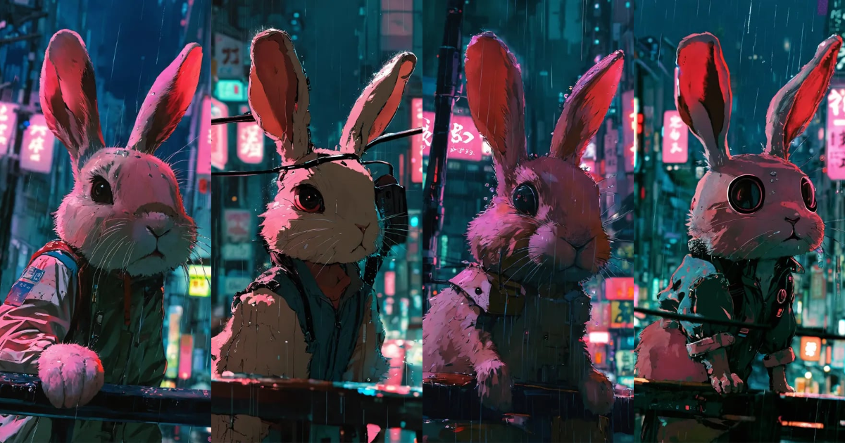 Lexica - Cyberpunk anime ghibli rabbit art in rainy city tokyo night